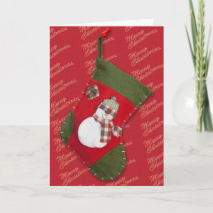 Schneemann auf rotem Weihnachtsstrumpf Feiertagskarte