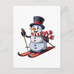 Schneemann auf Skiern in einem Zylinder mit einem Postkarte