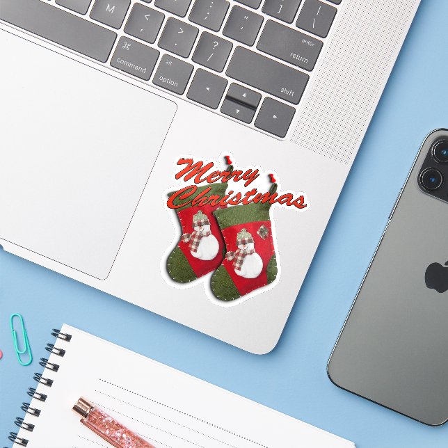 Schneemann auf Weihnachten Strumpf Custom Cut Aufkleber (Laptop mit iPhone)