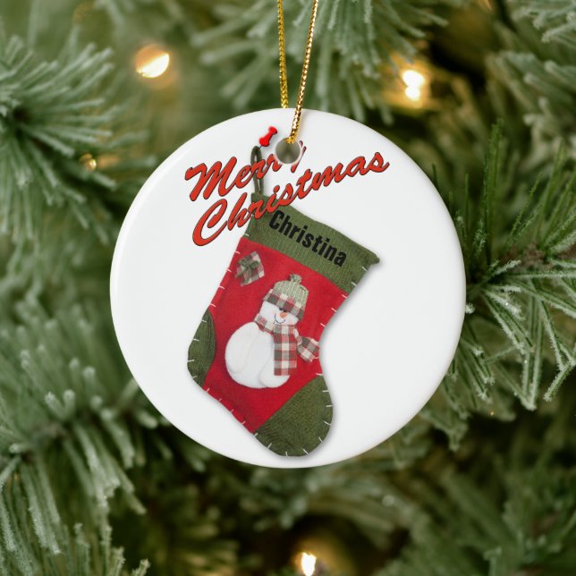 Schneemann auf Weihnachts-Strumpf-Fotografie Keramik Ornament (Baum)