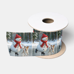 Schneemann beim Eislaufen mit Hund an Weihnachten Satinband