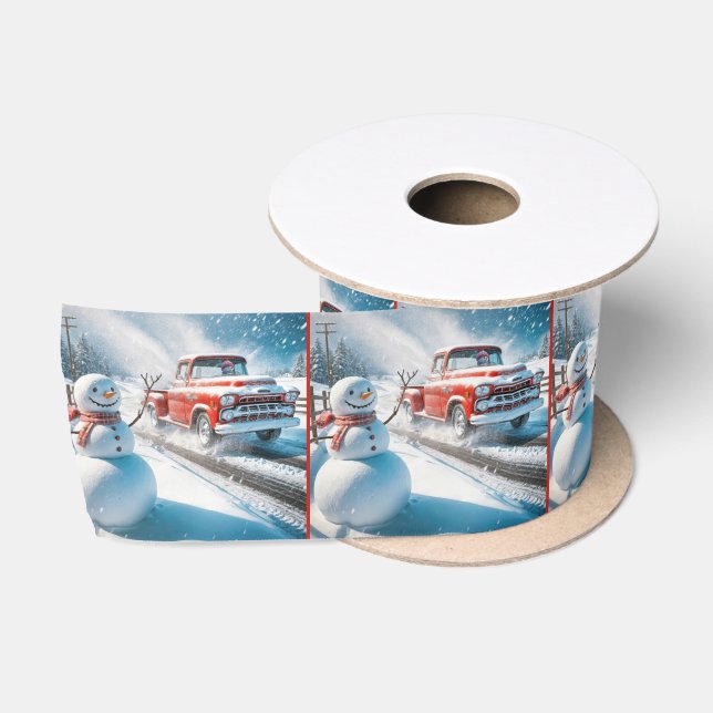 Schneemann beim roten Retrofahrzeug Satinband (Spule)