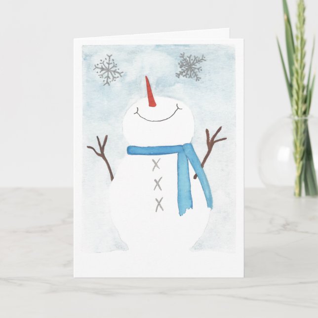 Schneemann bewundert Schneeflocken Karte (Vorderseite)