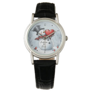 Schneemann bietet Liebe mit einem großen roten Her Armbanduhr