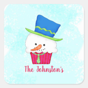 Schneemann-Cupcake-Name personalisiertes Dessert-P Quadratischer Aufkleber