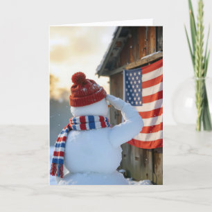 Schneemann, der eine amerikanische Flagge grüßt Karte