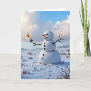 Schneemann, der eine weiße Daisy hält, in Gedanken Karte
