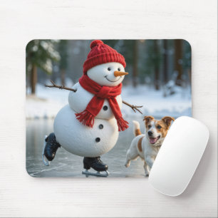 Schneemann Eislaufen mit Hund Mousepad