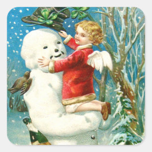 Schneemann Engel Cherub Vierblattklee Quadratischer Aufkleber