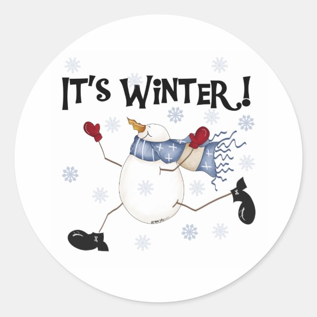 Schneemann Es ist Winter Runder Aufkleber (Vorderseite)
