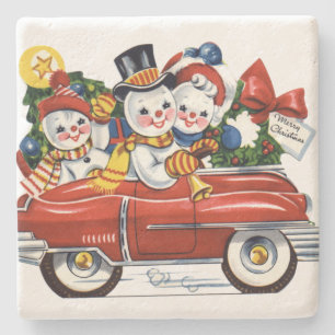 Schneemann Familie macht eine Spritztour Weihnacht Steinuntersetzer