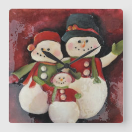 Schneemann-Familien-Weihnachtsuhr Quadratische Wanduhr