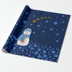 Schneemann, funkelnd blaue Sterne auf blau Geschenkpapier