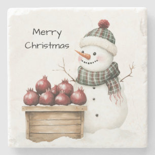 Schneemann Granatapfel Weihnachten Steinuntersetzer