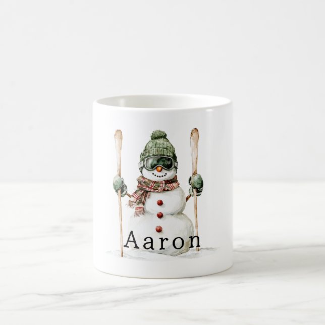 Schneemann Grüne Mütze Schnee Skier  Kaffeetasse (Mittel)