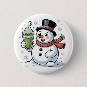 Schneemann hält Matcha-Getränk Weihnachten Button