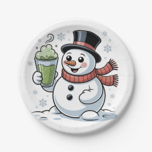 Schneemann hält Matcha-Getränk Weihnachten Pappteller