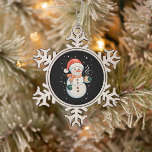 Schneemann Heißer Kaffee Weihnachtsmann Hut Winter Schneeflocken Zinn-Ornament