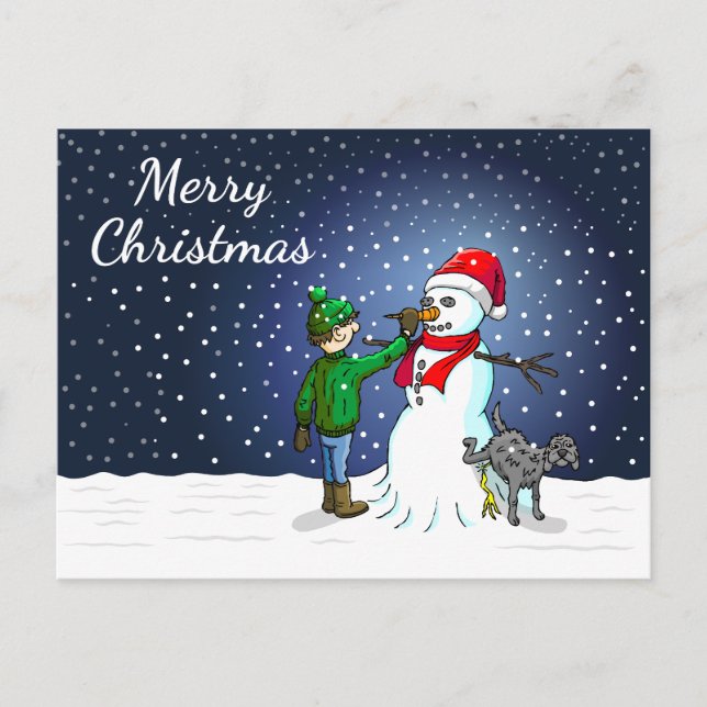 Schneemann, Hund und Junge Weihnachtskarte Postkarte (Vorderseite)