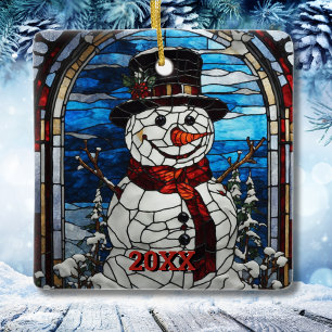 Schneemann im Buntglas-Stil Weihnachten Keramikornament