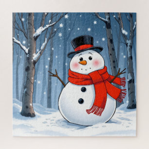 Schneemann im kalten Wald mit rotem Schal