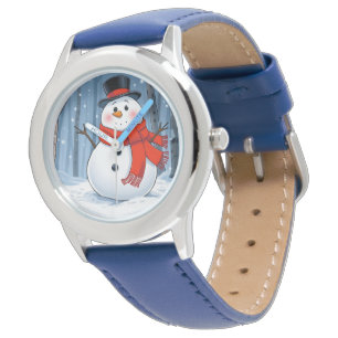 Schneemann im kalten Wald mit rotem Schal Armbanduhr