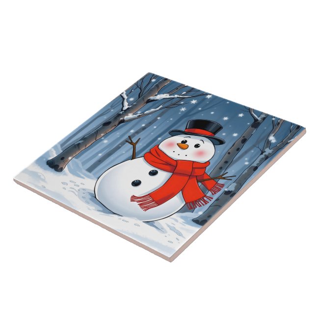 Schneemann im kalten Wald mit rotem Schal Fliese (Seite)