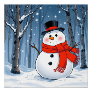 Schneemann im kalten Wald mit rotem Schal Poster
