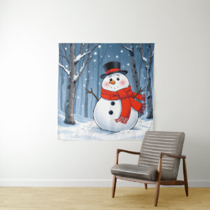 Schneemann im kalten Wald mit rotem Schal Wandteppich