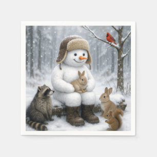 Schneemann im Winterwald mit tierischen Freunden Serviette