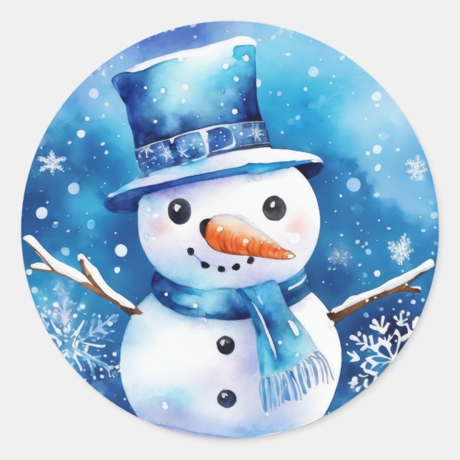 Schneemann in blau runder aufkleber (Vorderseite)