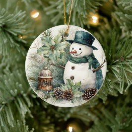 Schneemann in einem Grünen Hut Keramik Ornament
