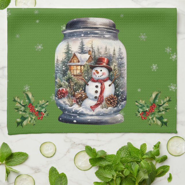 Schneemann in Jar Snowflakes grün Geschirrtuch (Gefaltet)