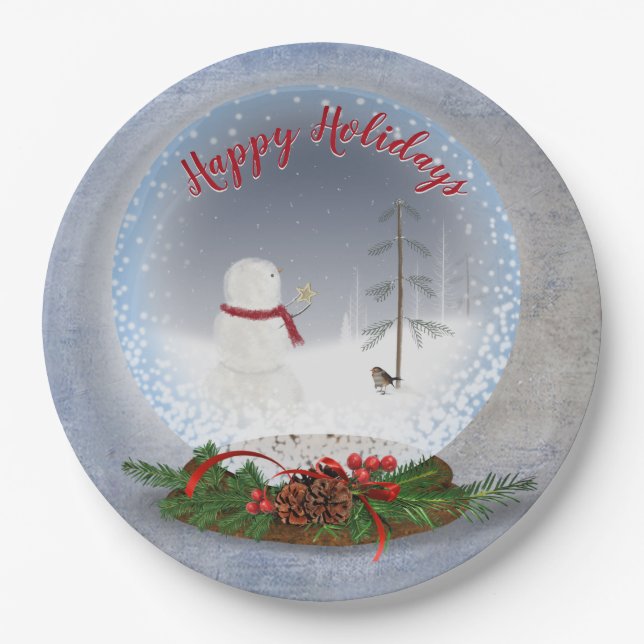 Schneemann in Weihnachten Schneeglobe Pappteller (Vorderseite)