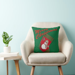 Schneemann in Weihnachten Strumpf über Grün Kissen