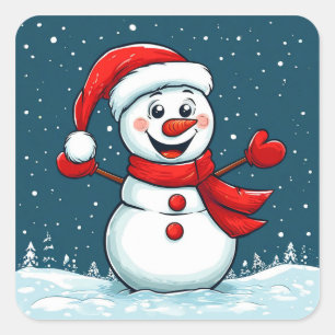 Schneemann in Weihnachtsmannmütze mit Scarf Quadratischer Aufkleber