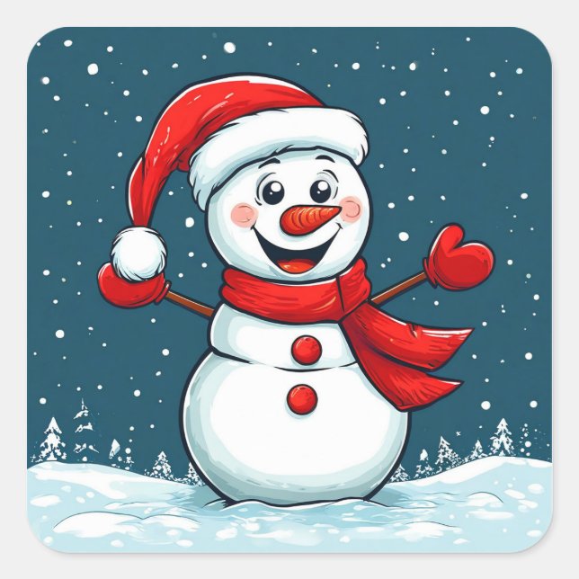 Schneemann in Weihnachtsmannmütze mit Scarf Quadratischer Aufkleber (Vorderseite)