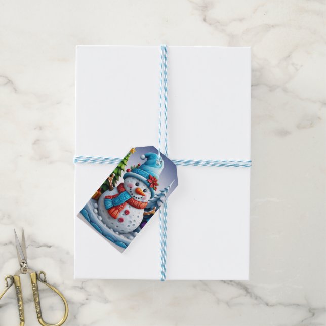 Schneemann in Winterlandschaft -  Geschenkanhänger (Mit Garn)