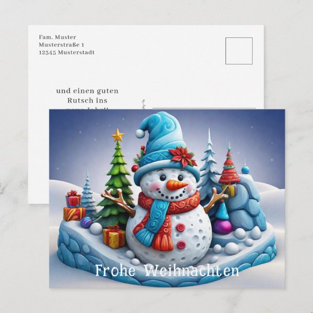 Schneemann in Winterlandschaft -  Postkarte (Vorne/Hinten)