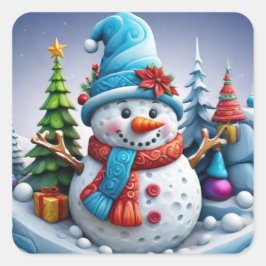 Schneemann in Winterlandschaft -  Quadratischer Aufkleber