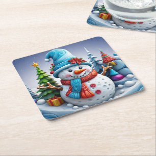 Schneemann in Winterlandschaft - Rechteckiger Pappuntersetzer