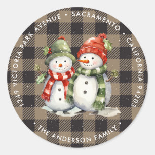Schneemann-Karo-Weihnachten-Rücksende-Adressaufkle Runder Aufkleber