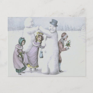 Schneemann Kinder spielen Schneefeld Postkarte