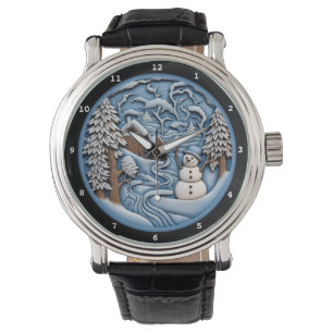 Schneemann Ländliches Winterdorf Armbanduhr