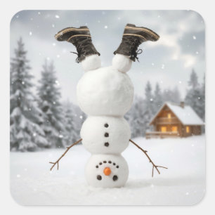 Schneemann macht einen Kopfstand Quadratischer Aufkleber