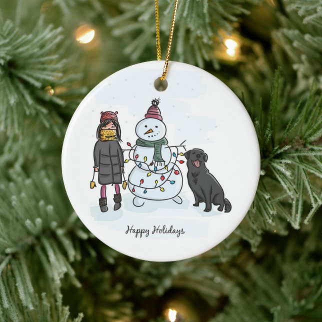 Schneemann, Mädchen und Hund Keramik Ornament (Baum)