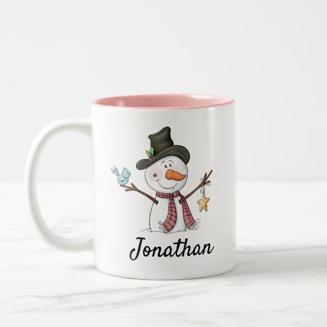 Schneemann mit blauem Vogel anpassbare Weihnachten Zweifarbige Tasse (Links)