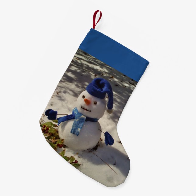Schneemann mit Blauhut, Handschuhen und Scarf Kleiner Weihnachtsstrumpf (Vorderansicht (hängend))