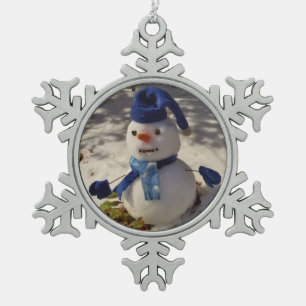 Schneemann mit Blauhut, Handschuhen und Scarf Schneeflocken Zinn-Ornament