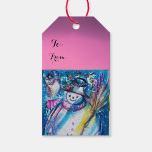 SCHNEEMANN MIT der EULE/HEILIGER NACHT, rosa Geschenkanhänger